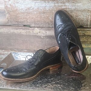 Aston Grey Black Leather Brogue Oxfords with Brown Wood-Effect Soles, Mens Sz 9